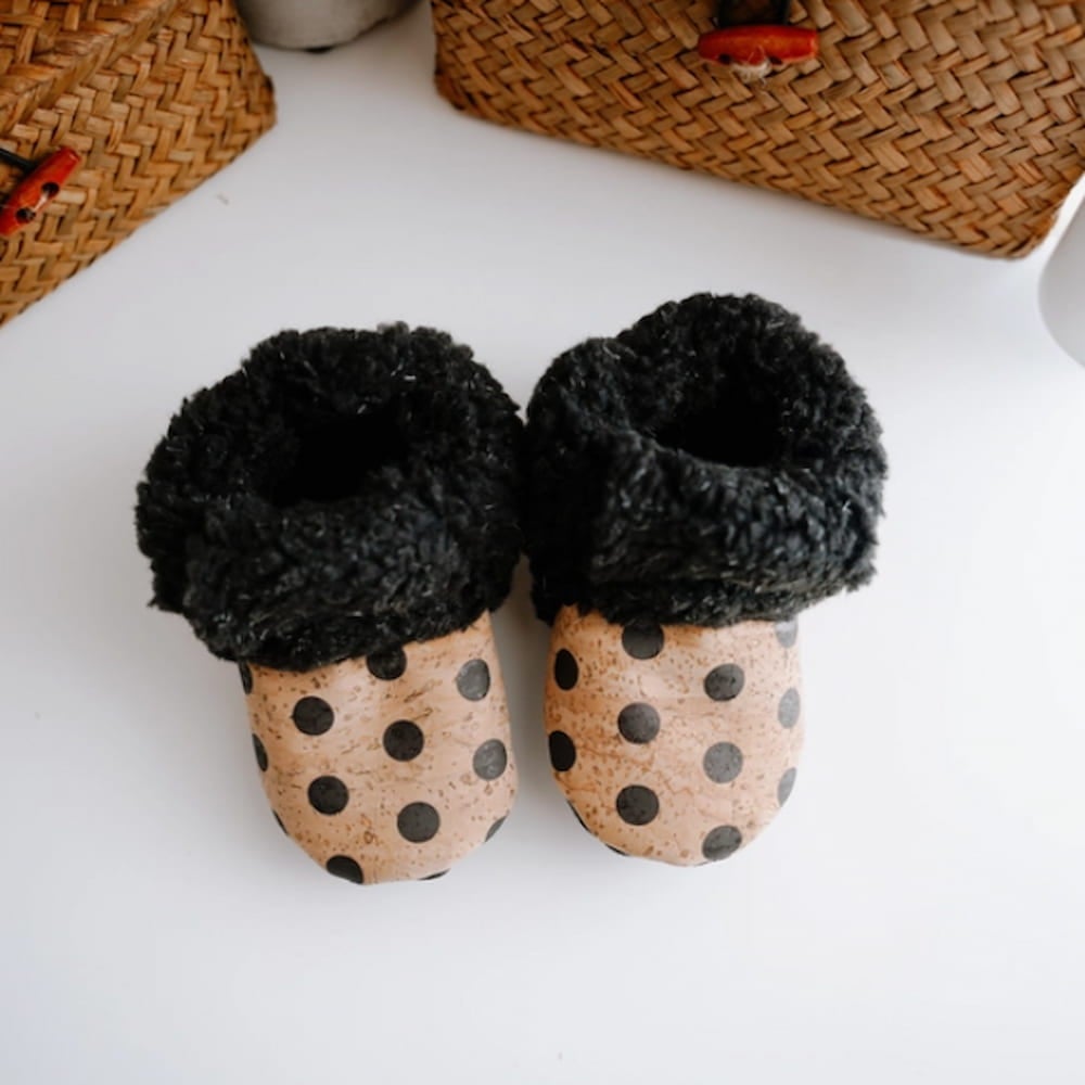 Faux Fur Cork Booties - Black Polka Dots - Gliz Design