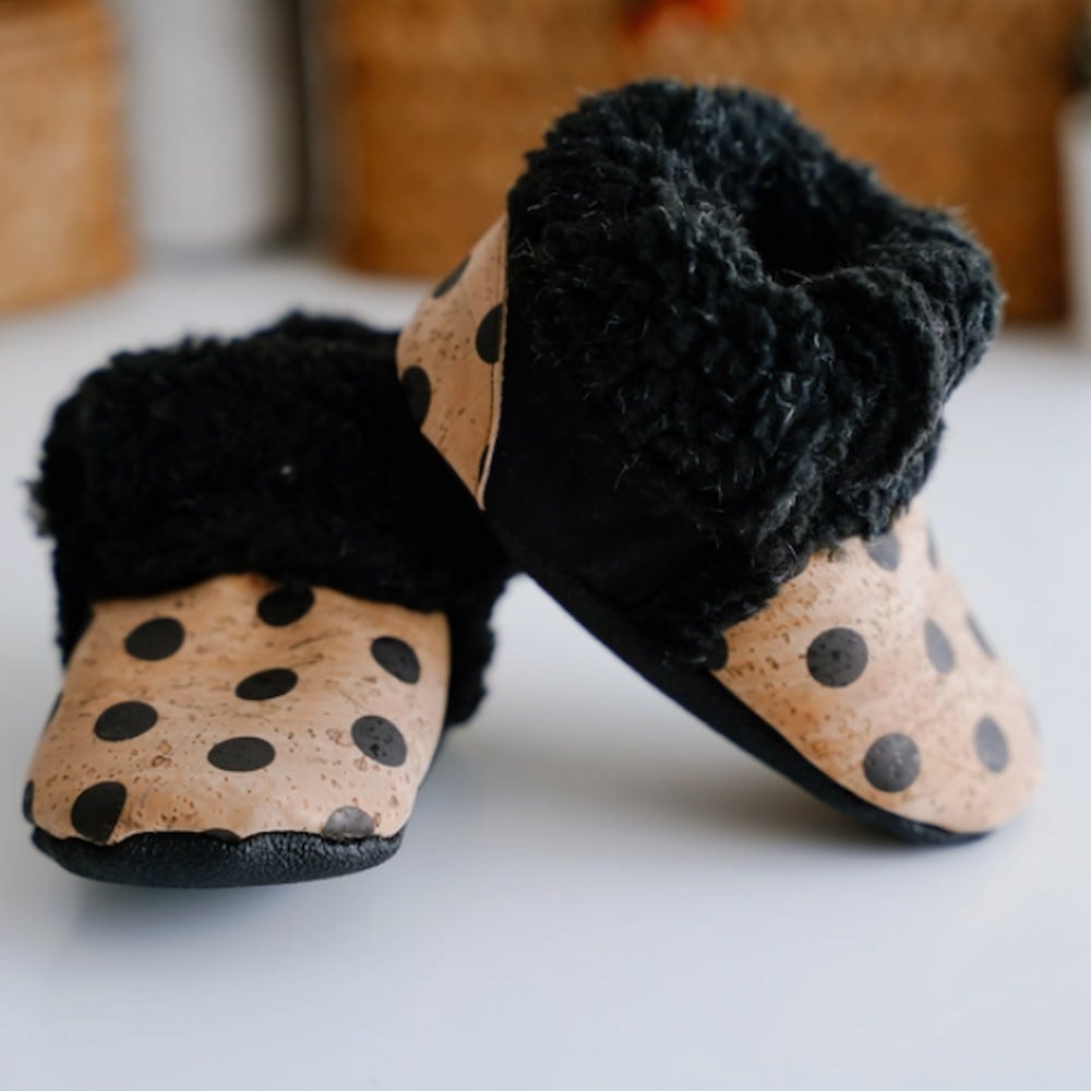 Faux Fur Cork Booties - Black Polka Dots - Gliz Design