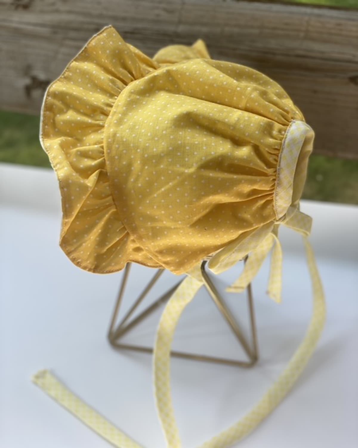 Open Back Ruffle Bonnet - Mustard & White Dots - Gliz Design