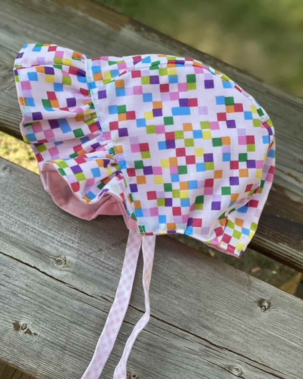 Ruffle Bonnet - Pink & Colorful Squares - Gliz Design