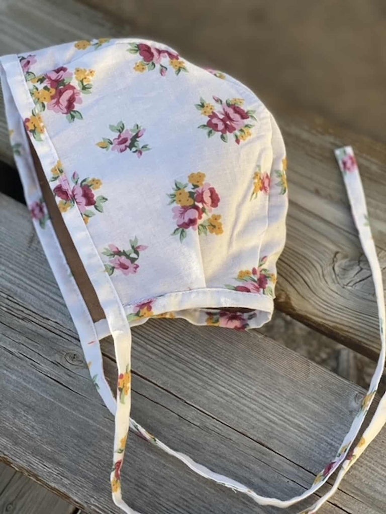 Baby Bonnet - Brown Linen & Pink Florals - Gliz Design
