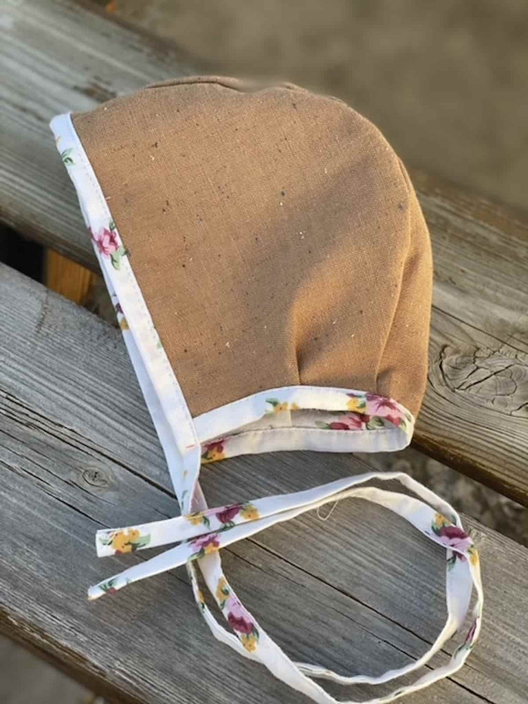 Baby Bonnet - Brown Linen & Pink Florals - Gliz Design