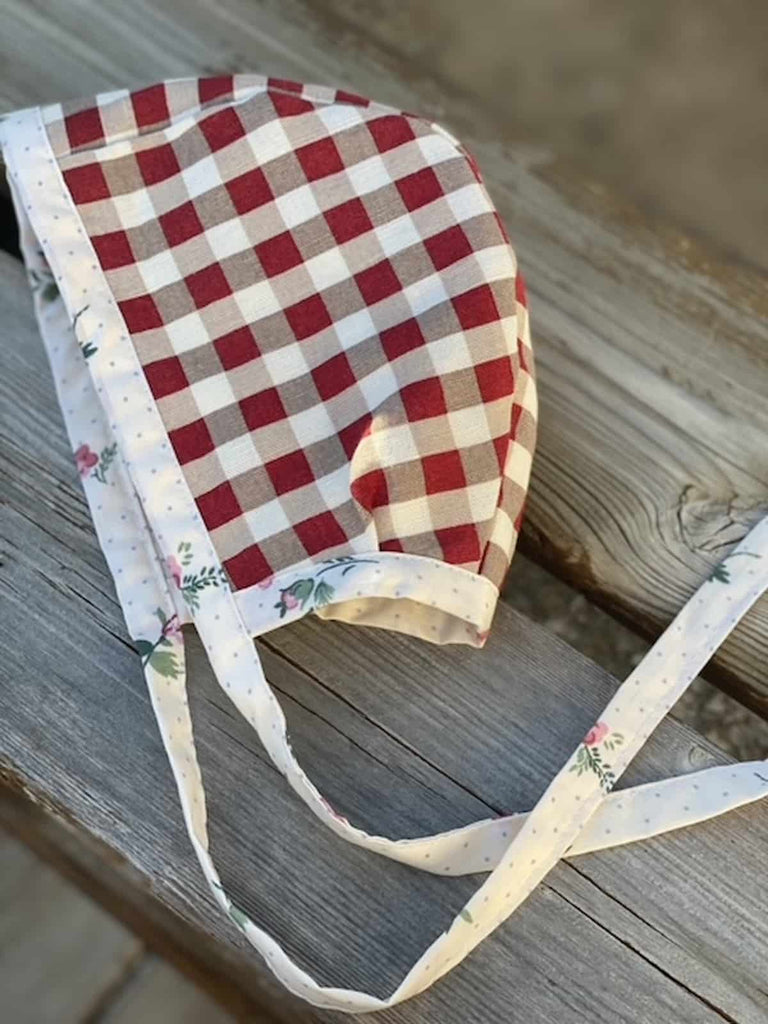 Baby Bonnet - Brown Linen & Red Gingham - Gliz Design