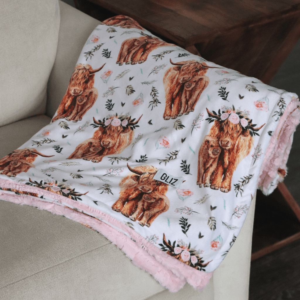Blankets - Pink Spring Highland Cow Floral - Gliz Design