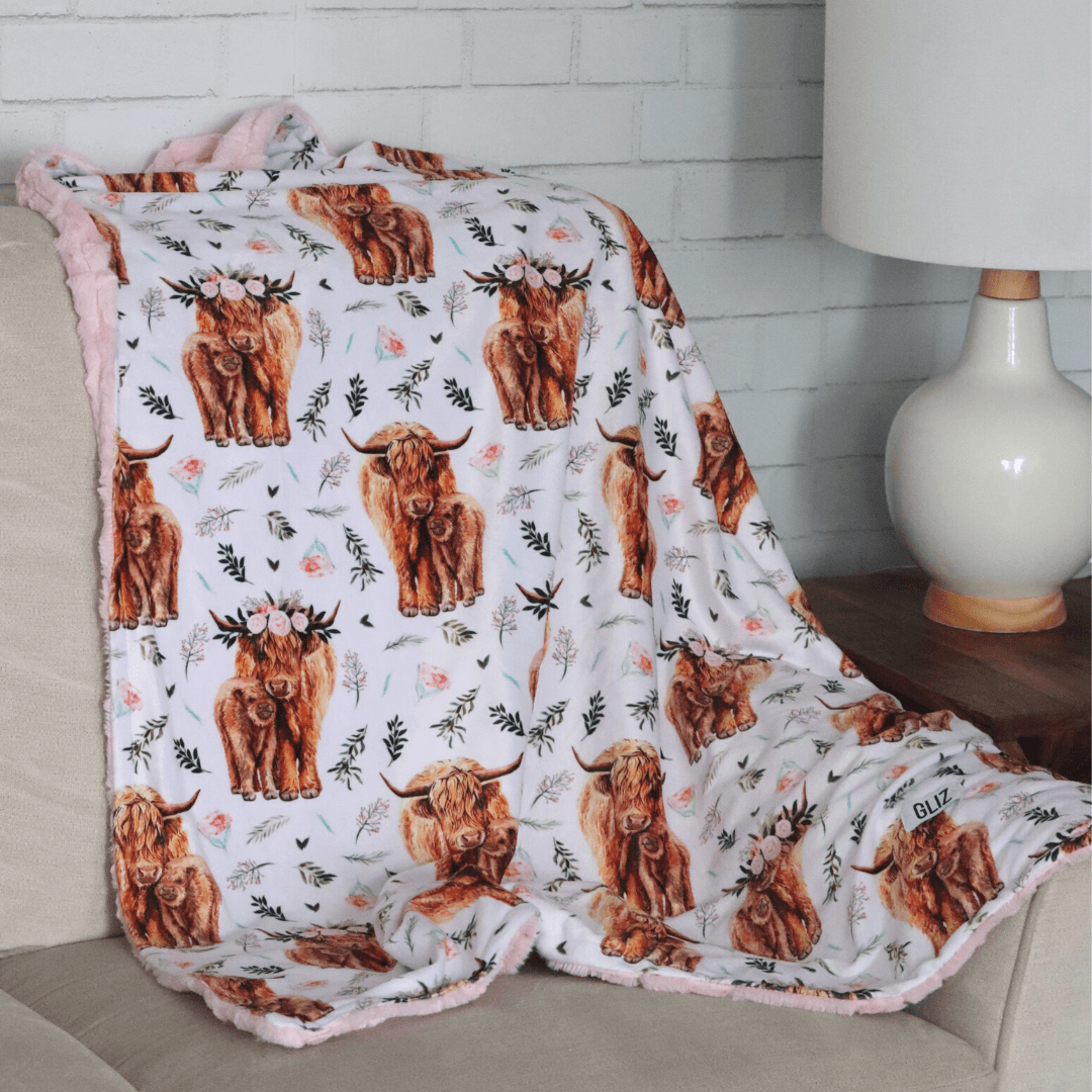 Blankets - Pink Spring Highland Cow Floral - Gliz Design