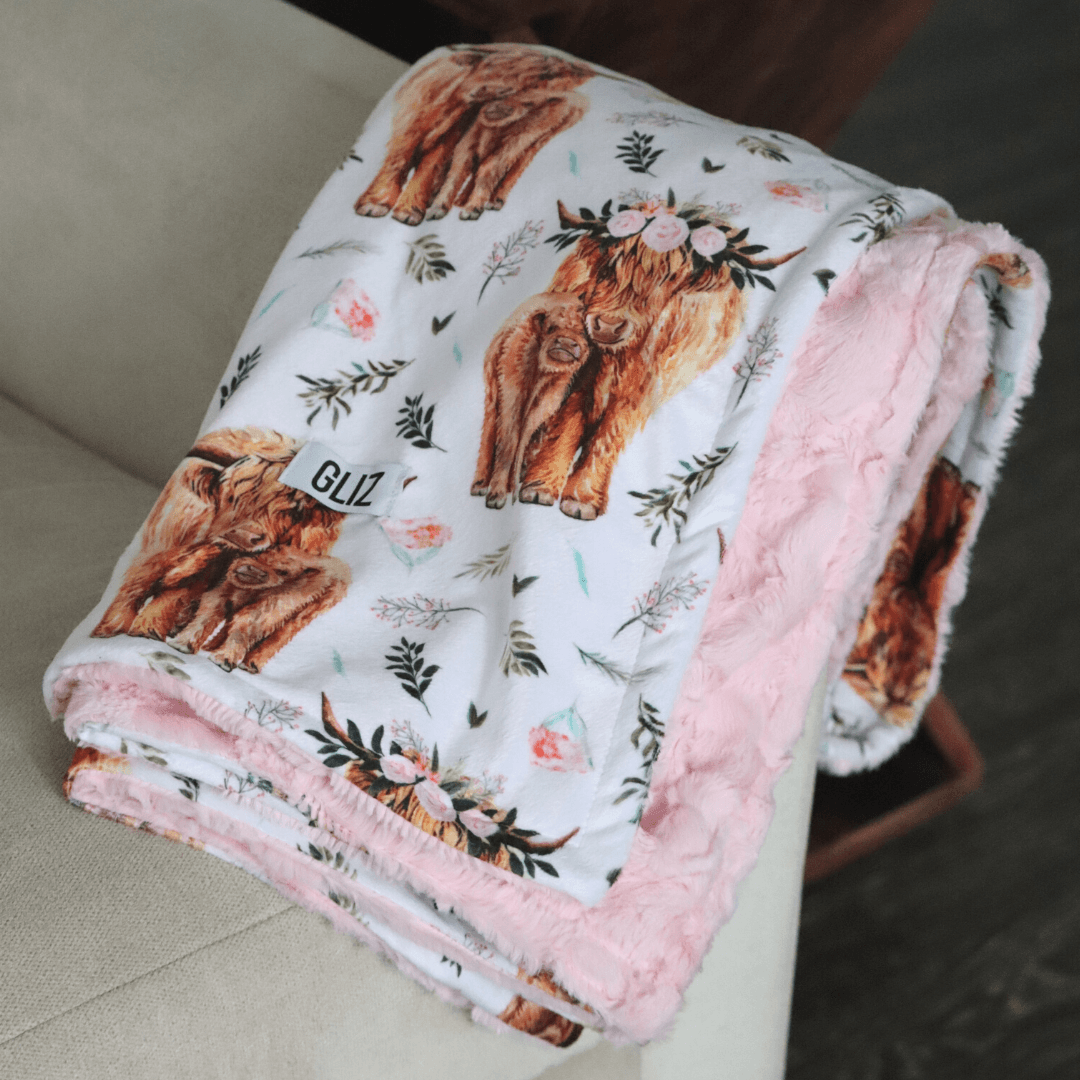 Blankets - Pink Spring Highland Cow Floral - Gliz Design