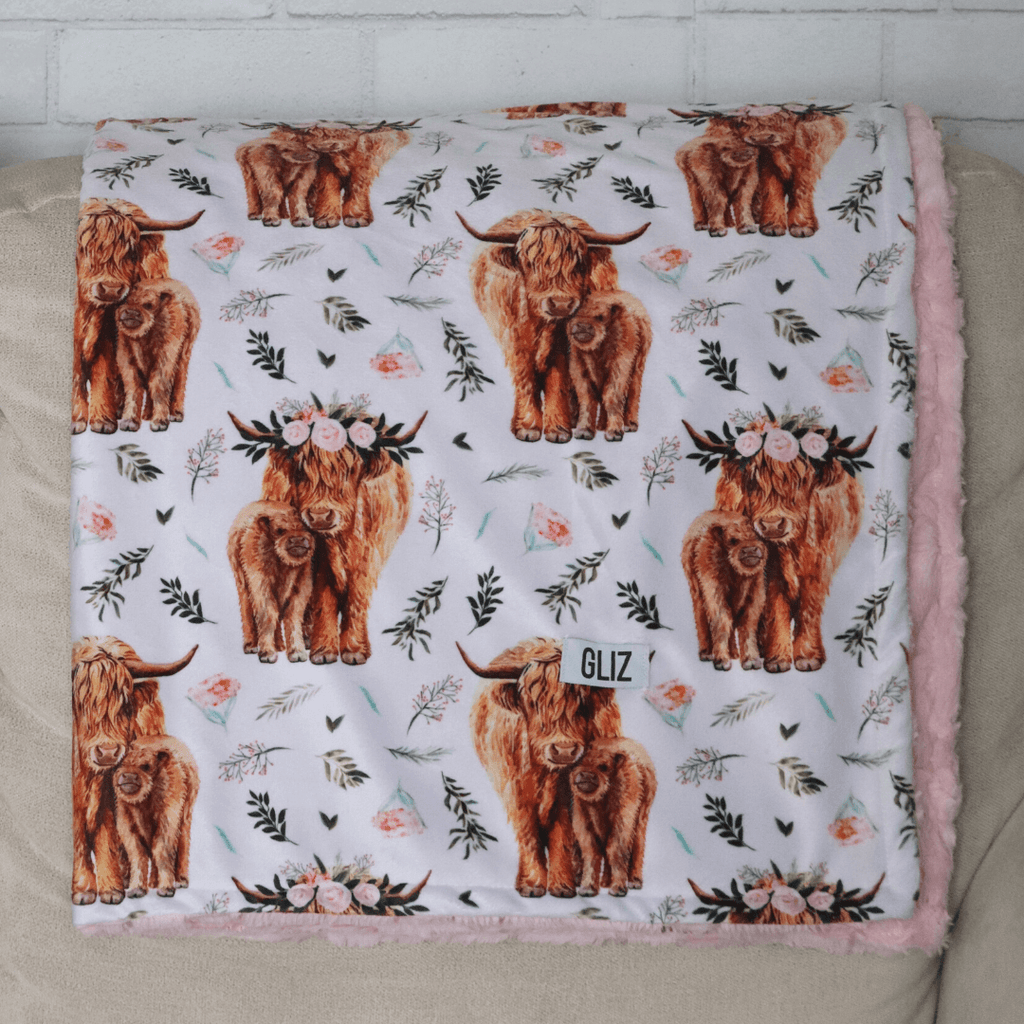 Blankets - Pink Spring Highland Cow Floral - Gliz Design
