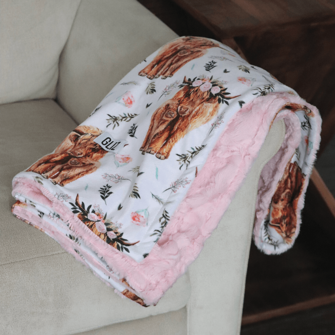 Blankets - Pink Spring Highland Cow Floral - Gliz Design