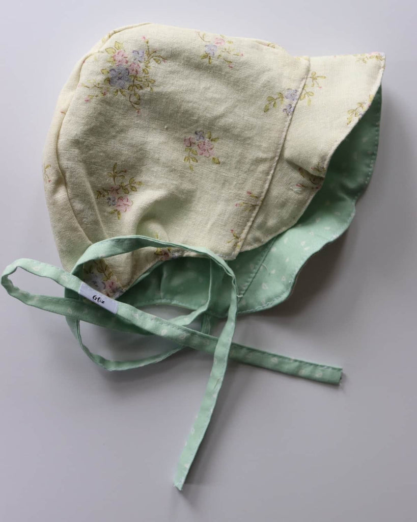 Brim Bonnet - Ivory Linen Floral and Mint Green - Gliz Design