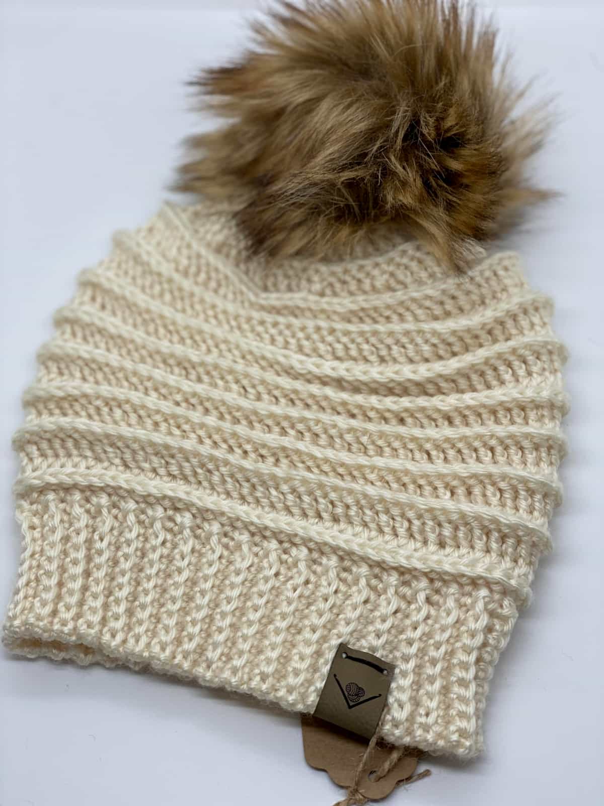 Crochet Faux Fur Pompom Beanie - Cream (All Sizes) - Gliz Design