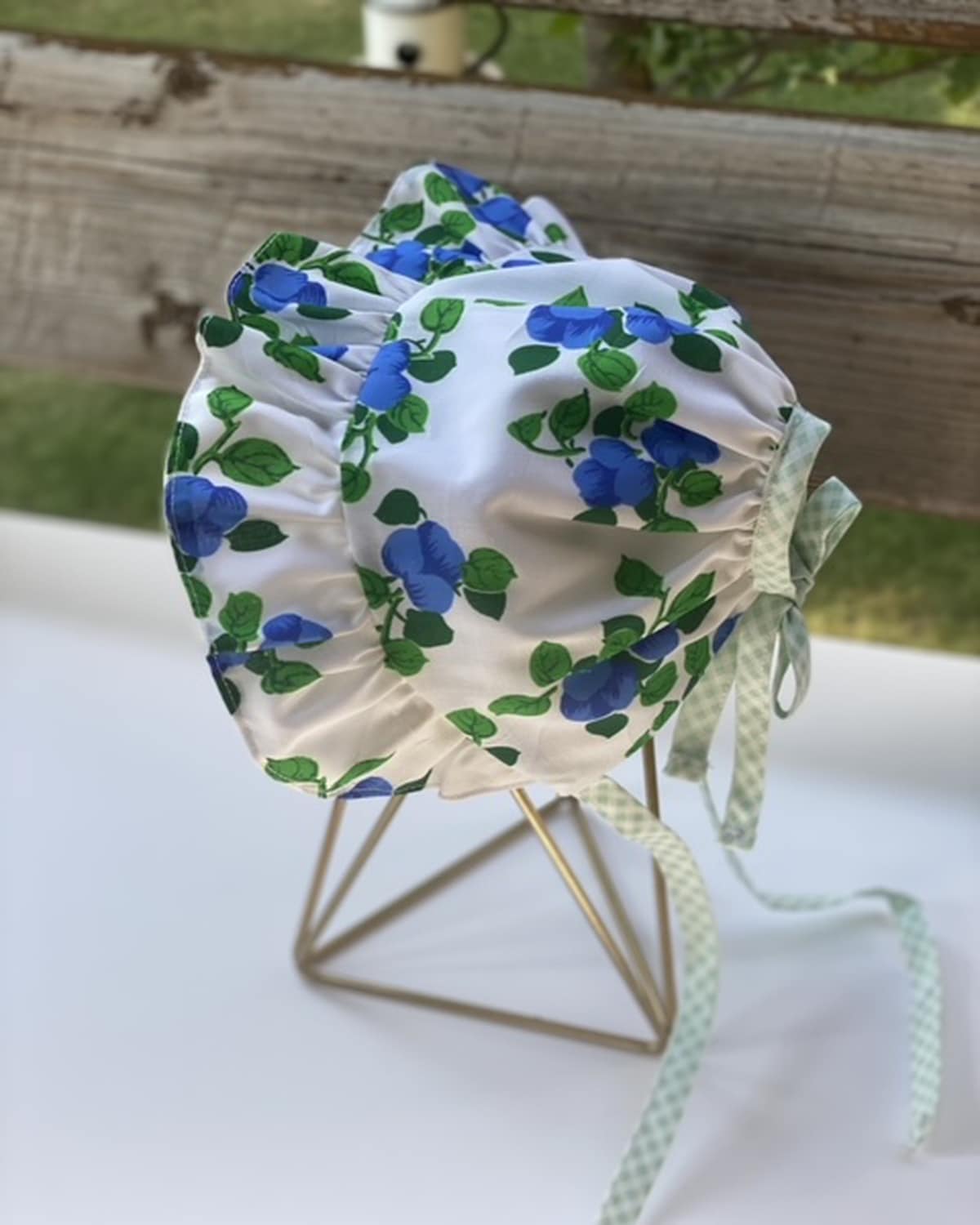 Open Back Ruffle Bonnet - Blue Florals & White - Gliz Design