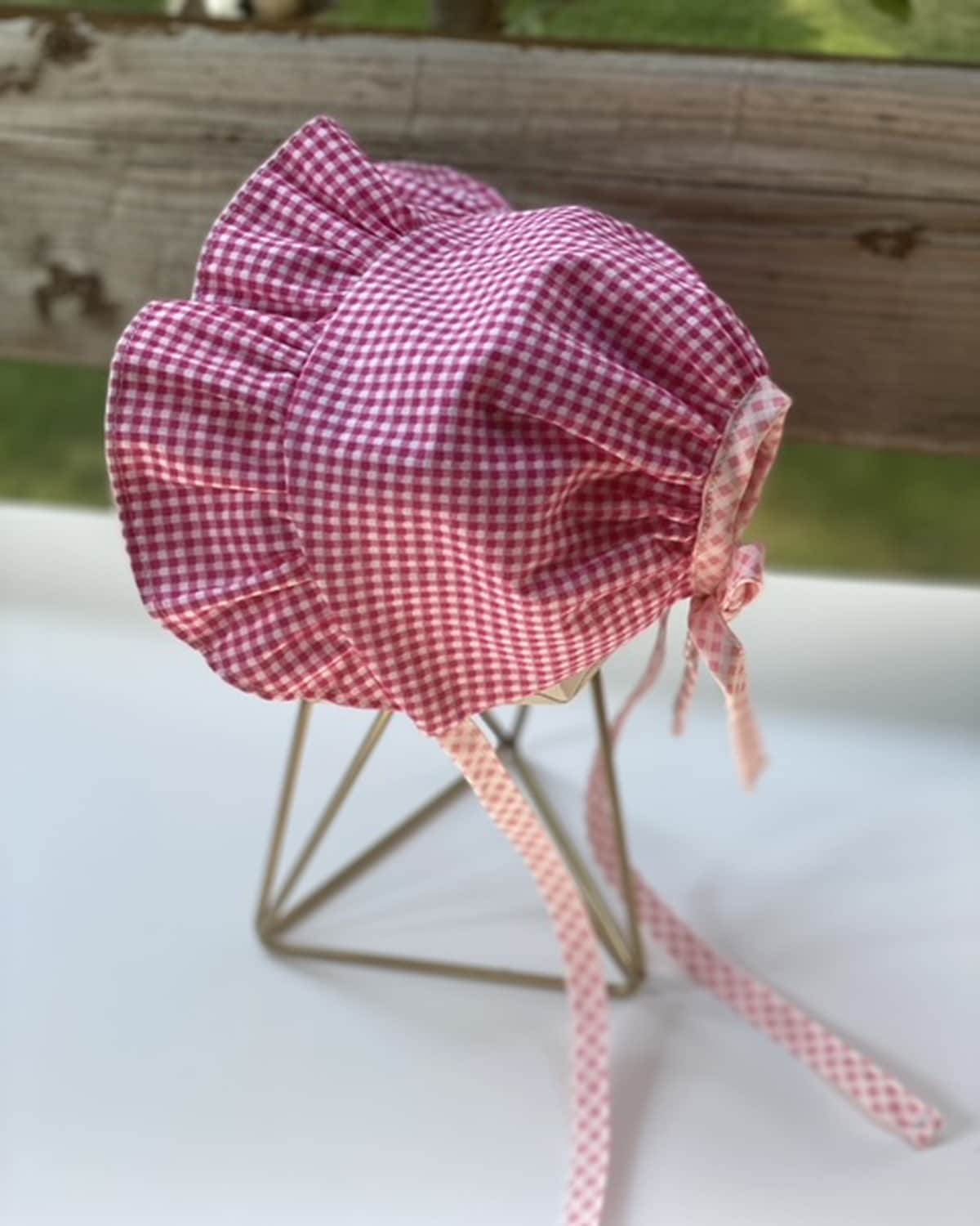 Open Back Ruffle Bonnet - Red Checkered Stripes - Gliz Design