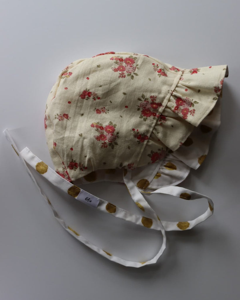 Ruffle Bonnet - Cream Florals and Gold Polkadots - Gliz Design