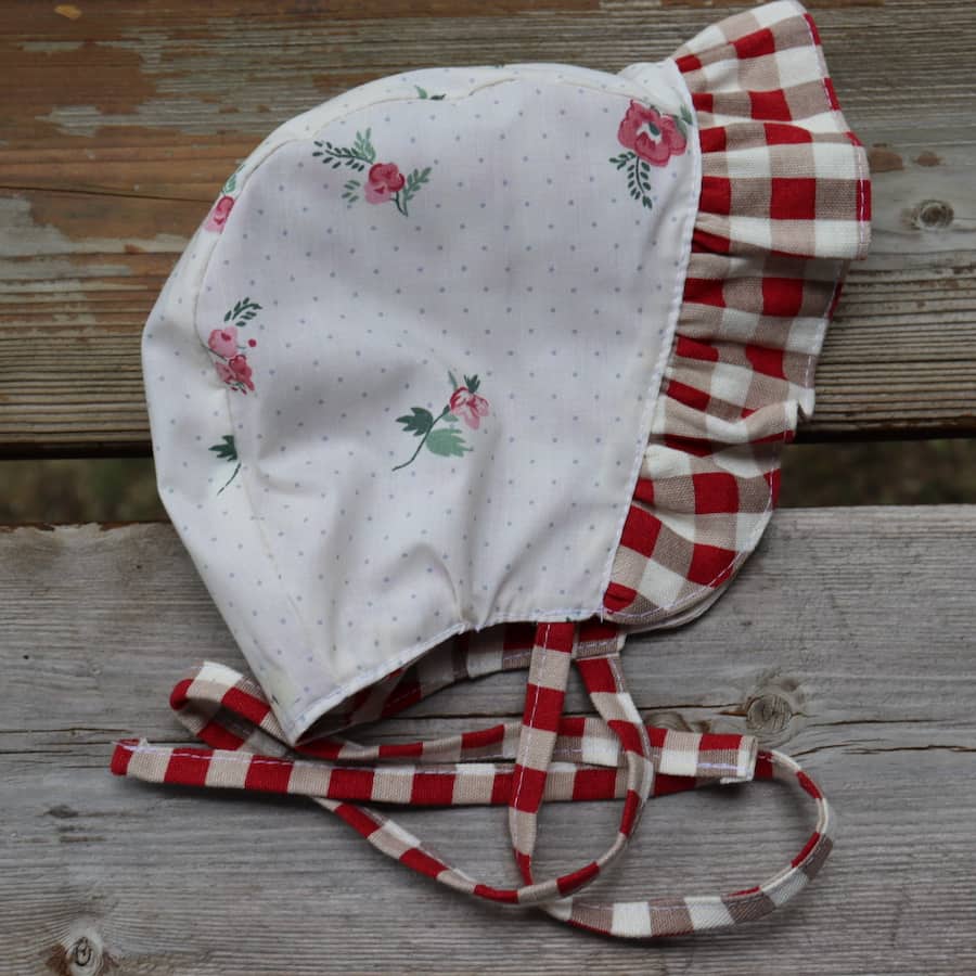 Ruffle Bonnet - Pink Florals and Checkered Red - Gliz Design