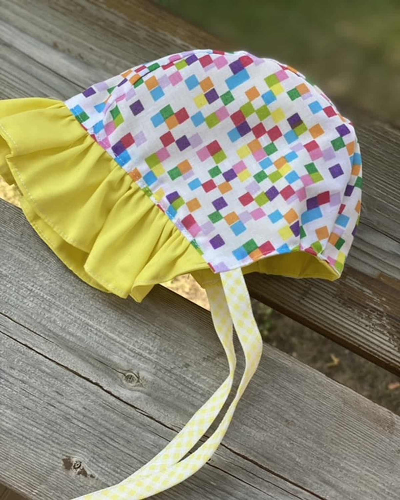 Ruffle Bonnet - Yellow & Colorful Squares - Gliz Design